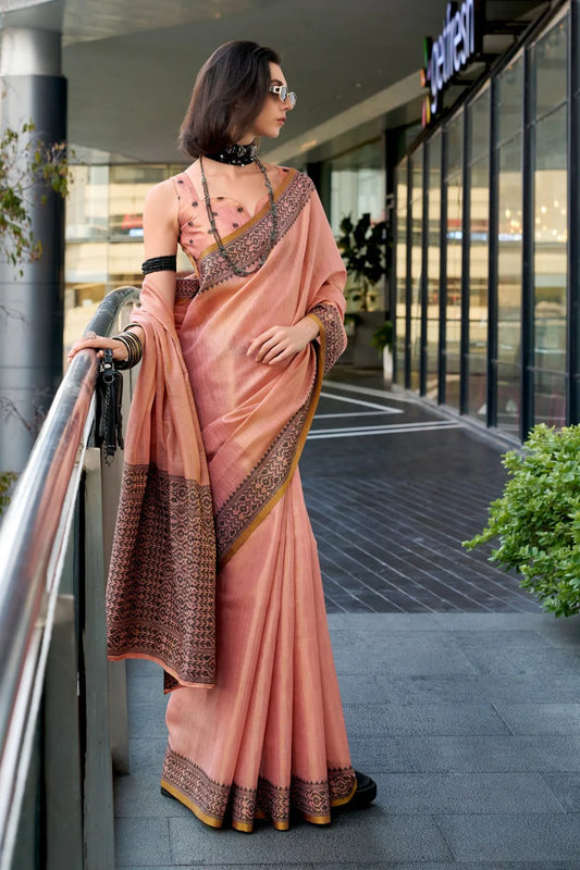Peach color tisue silk saree with blouse online