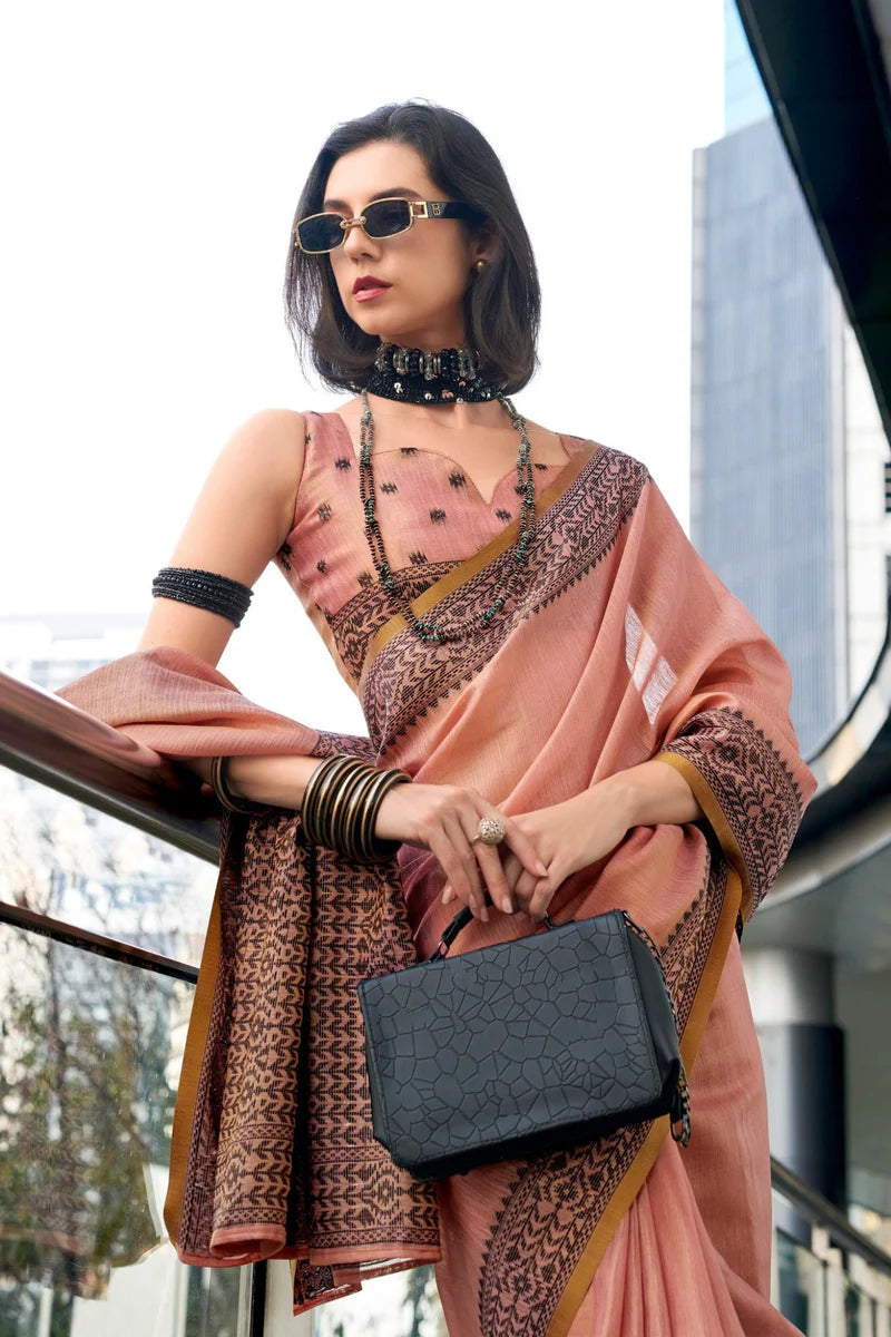 Peach color tisue silk saree with blouse images