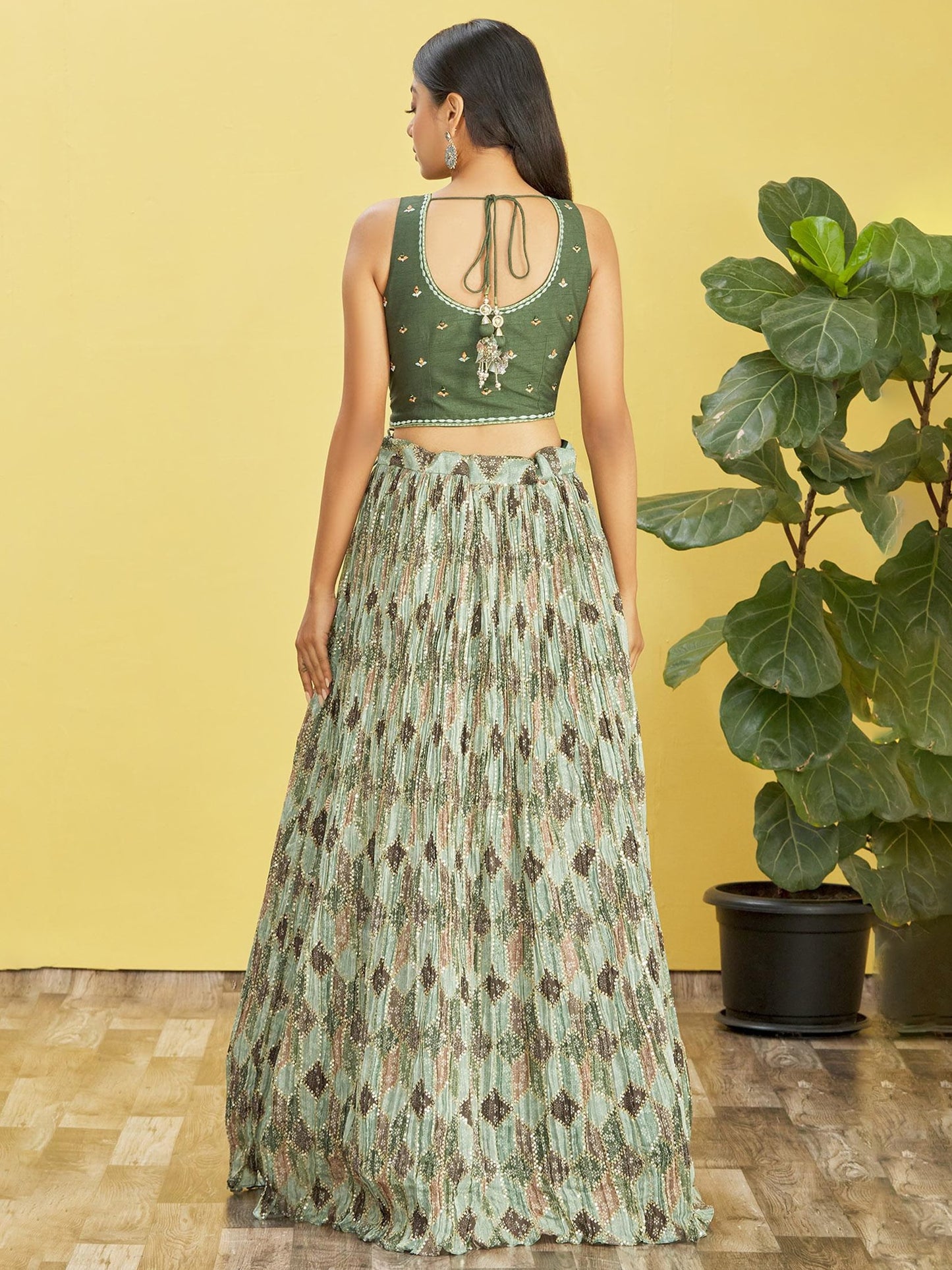 Green chinon lehenga choli for women