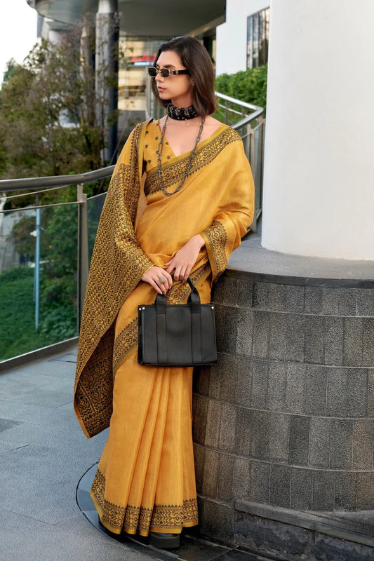 Mustard color tissue silk saree with blouse online