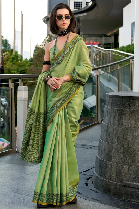 Green color tissue silk saree with blouse online