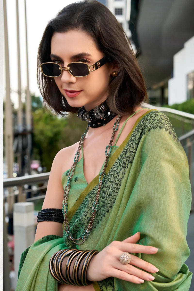 Green color tissue silk saree with blouse price