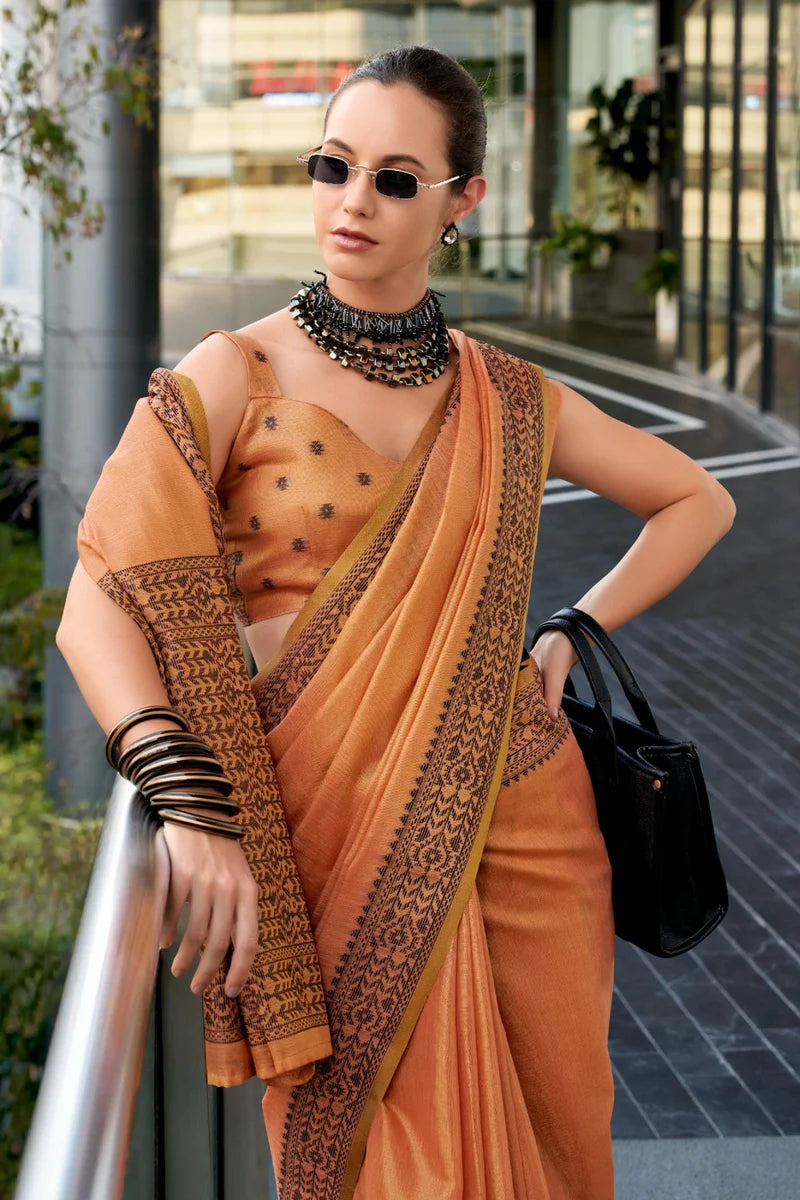 Orange color tissue silk saree with blouse price