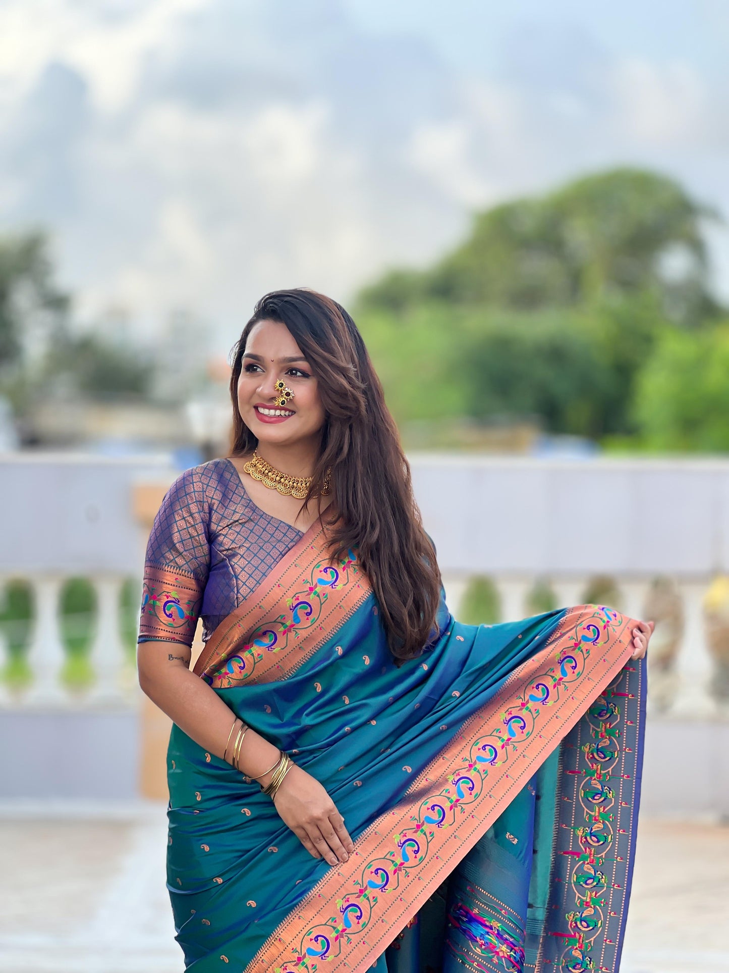 Peacock blue color paithani silk saree for women price