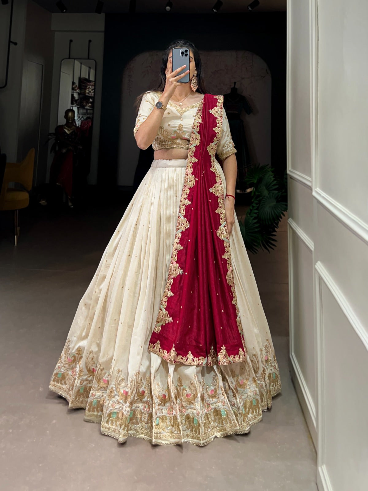 Fashionable Off White Color Vichitra Silk Lehenga Choli For Women MADE TO MEASURE / Off White Fashionable Off White Color Vichitra Silk Lehenga Choli For Women MADE TO MEASURE / Off White