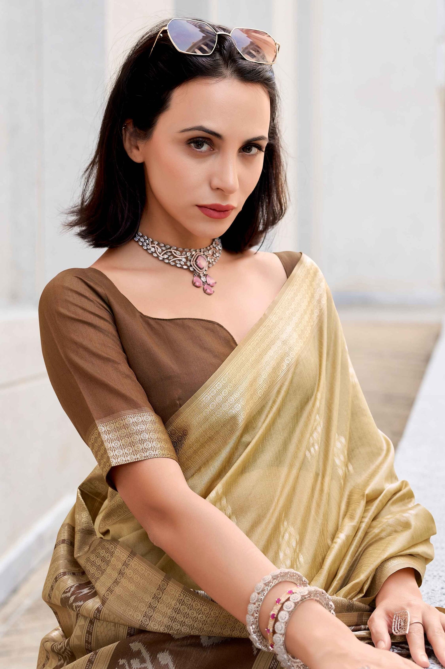 Beige color rayon silk saree for women price