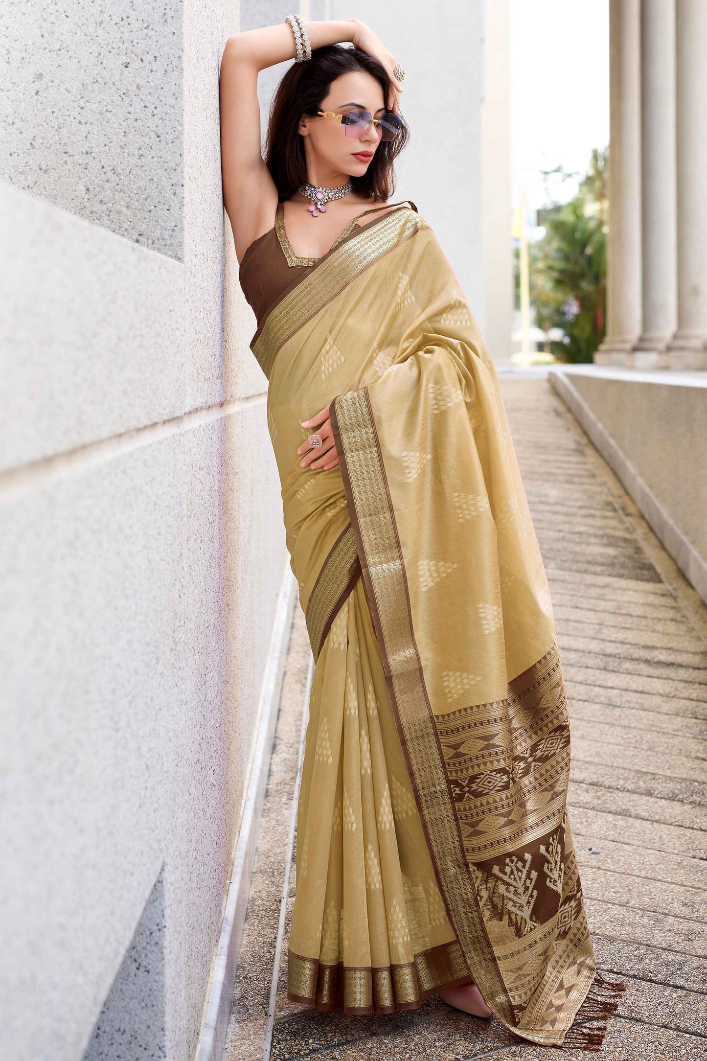 Beige color rayon silk saree for women online