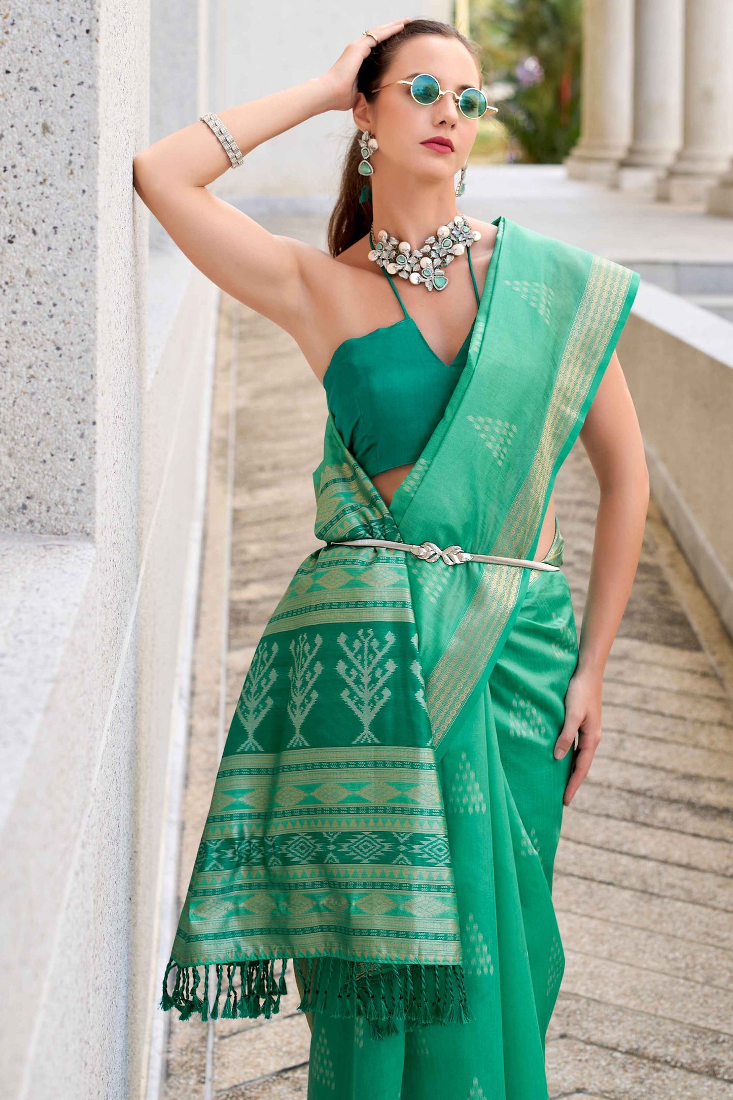 Dark green color rayon silk saree for women