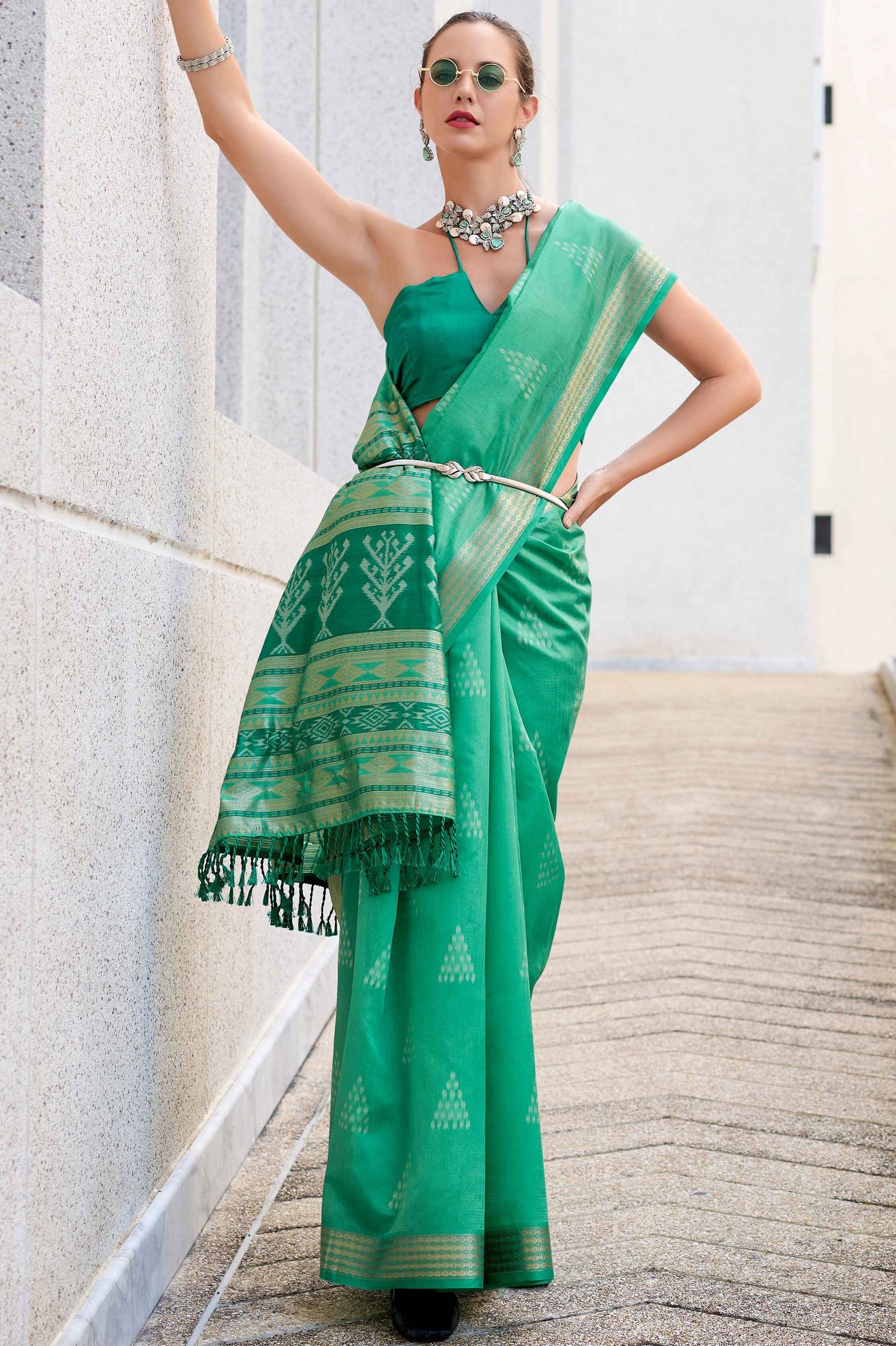 Green color rayon silk saree for women online