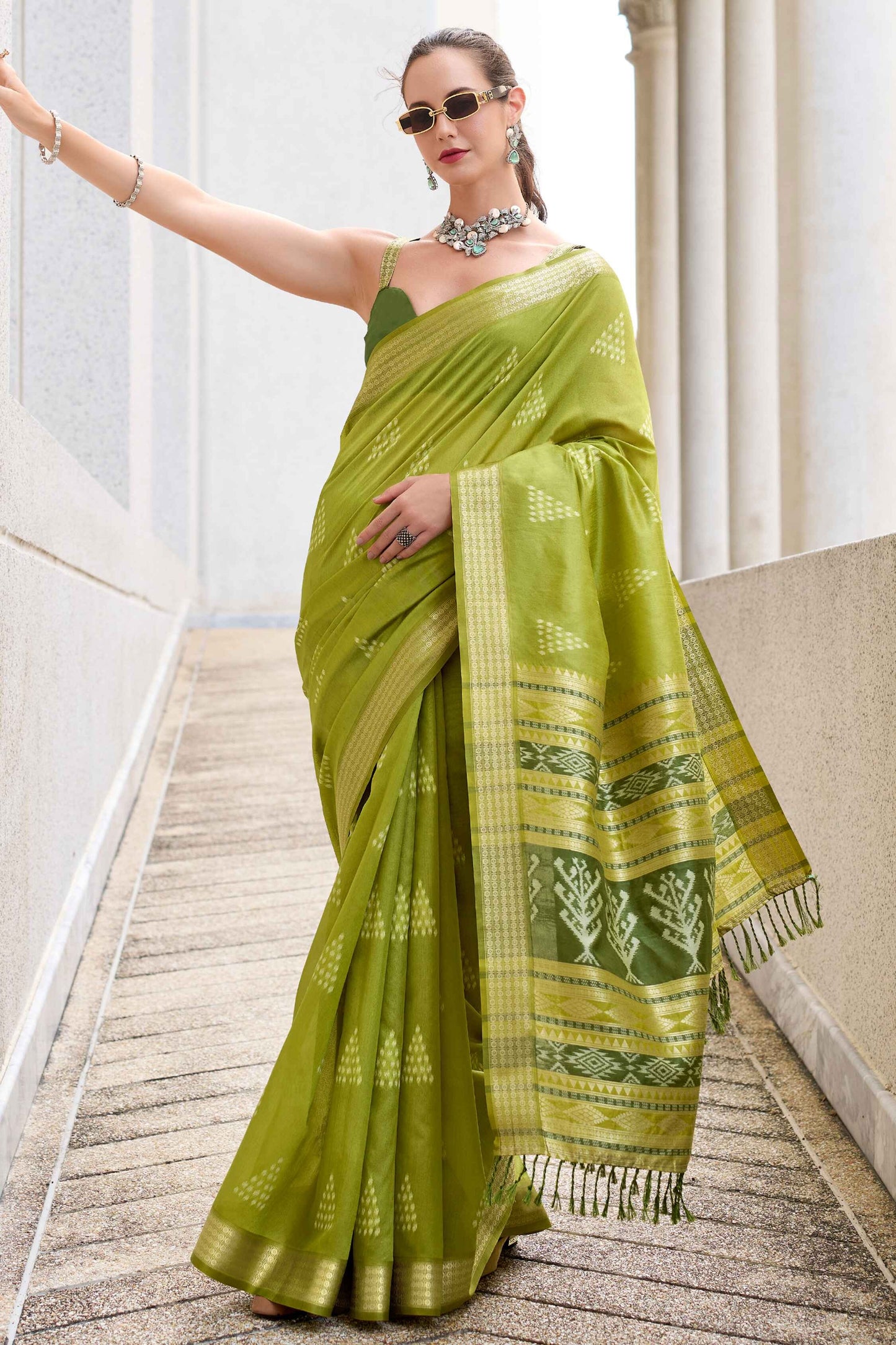 Mehendi color rayon silk saree for women online