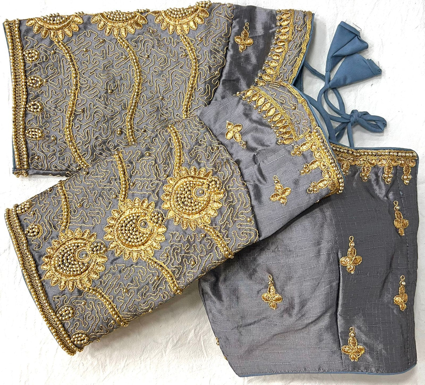 Grey color silk embroidery work blouse for wedding