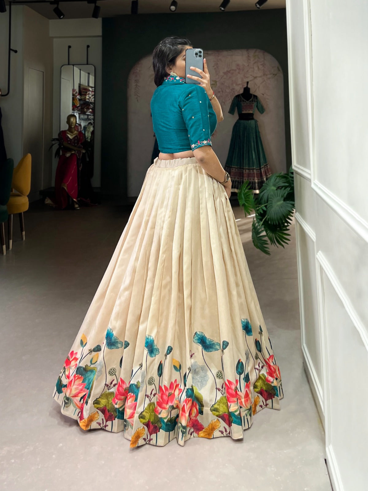 Beige color printed lehenga choli for wedding