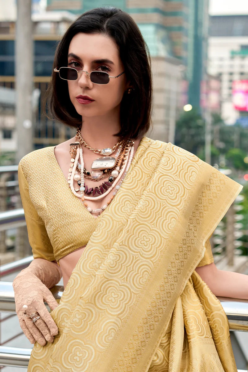 Beige color kanchivaram silk saree with blouse images