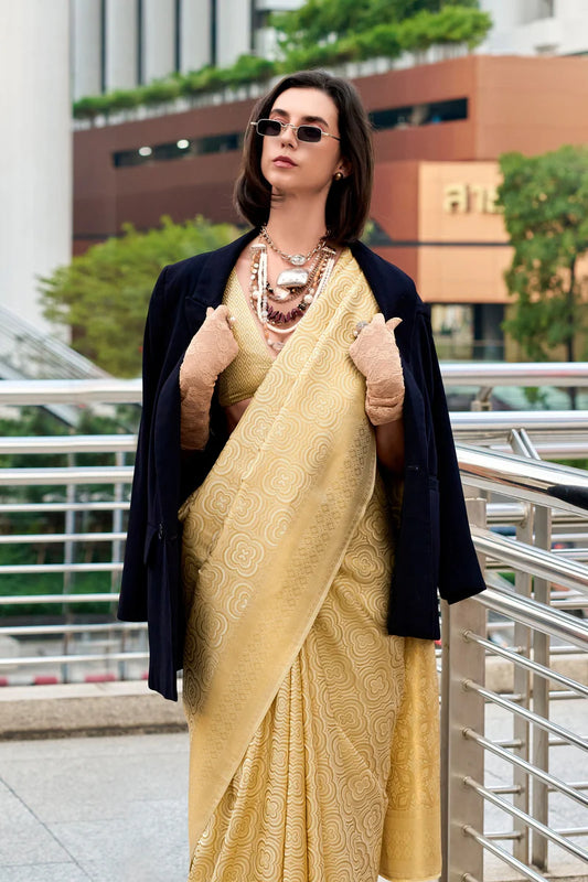 Beige color kanchivaram silk saree with blouse