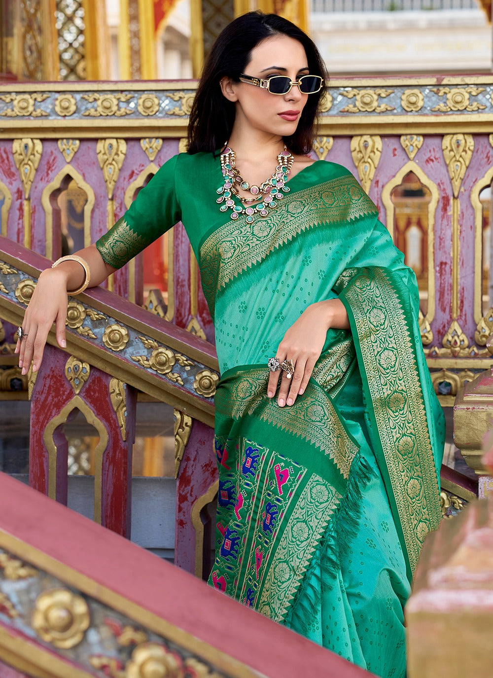 Green color tussar handloom silk saree online shopping