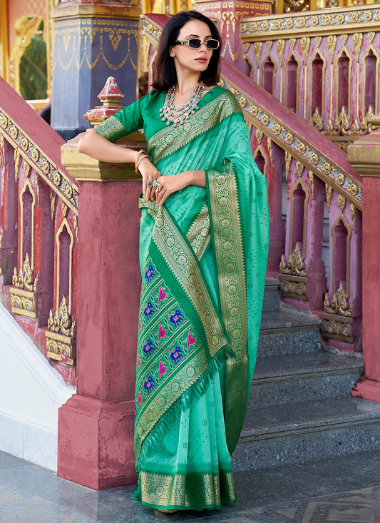Green color tussar handloom silk saree for women online