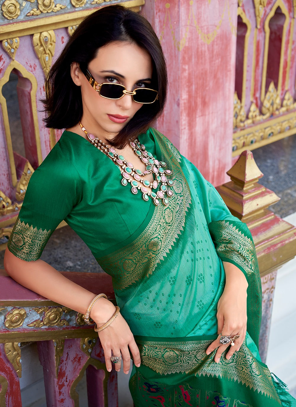 Green color tussar handloom silk saree images