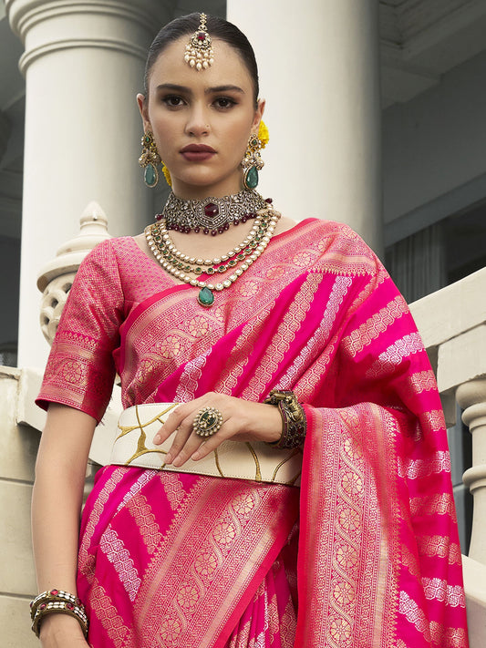 Pure pink banarasi viscose silk saree for women