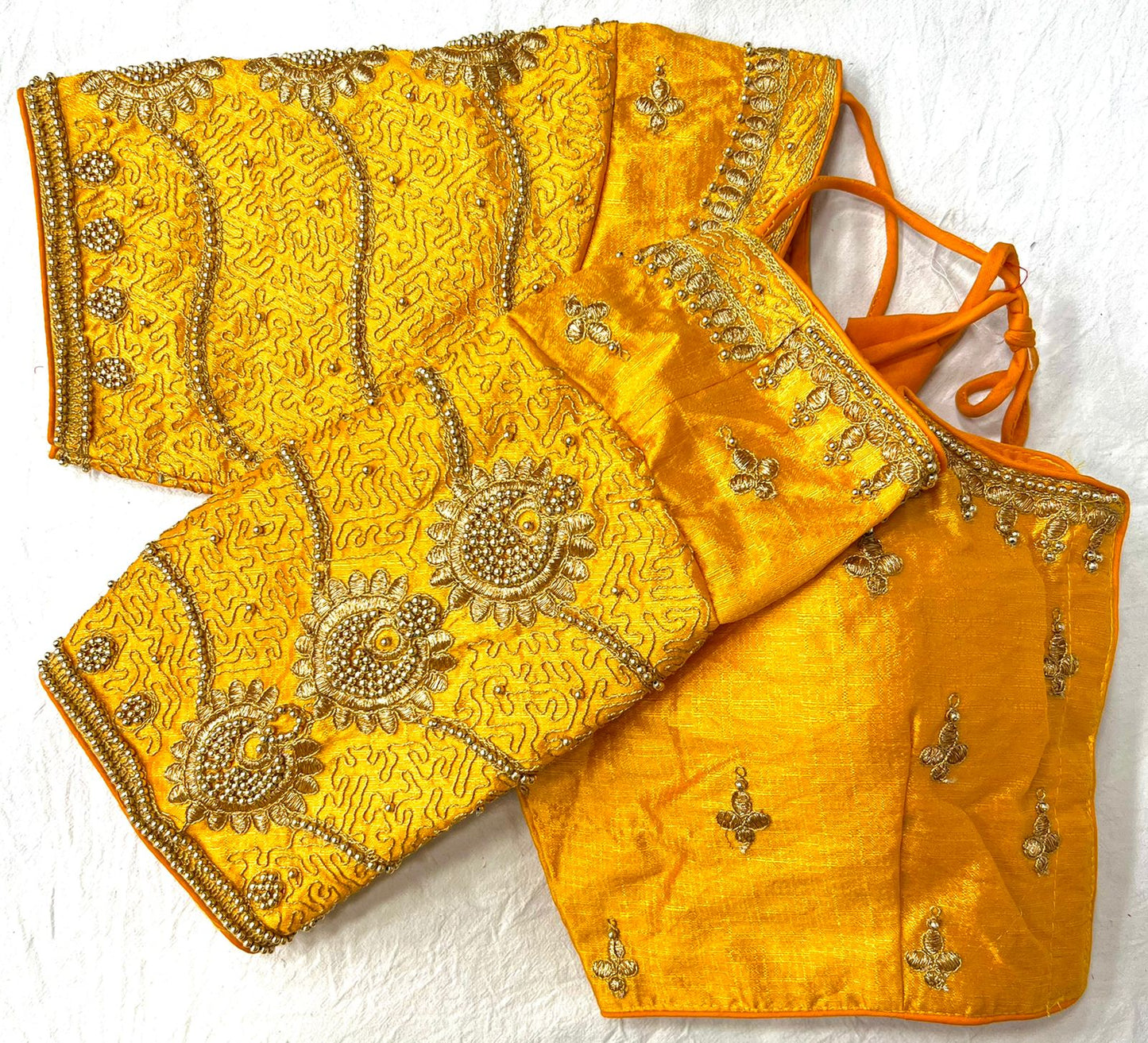 Yellow color silk embroidery work blouse