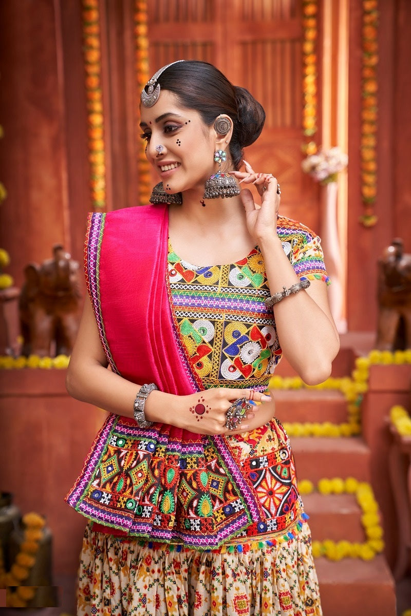 Cream Lehenga with pink dupatta