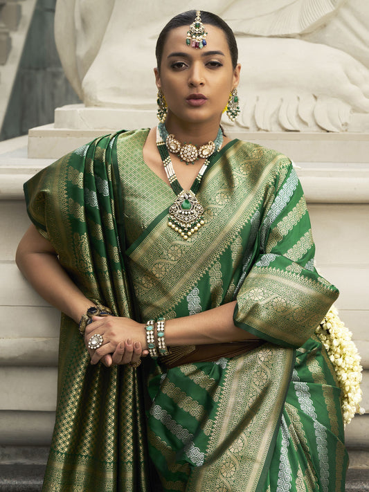 Dark green banarasi viscose silk saree for women