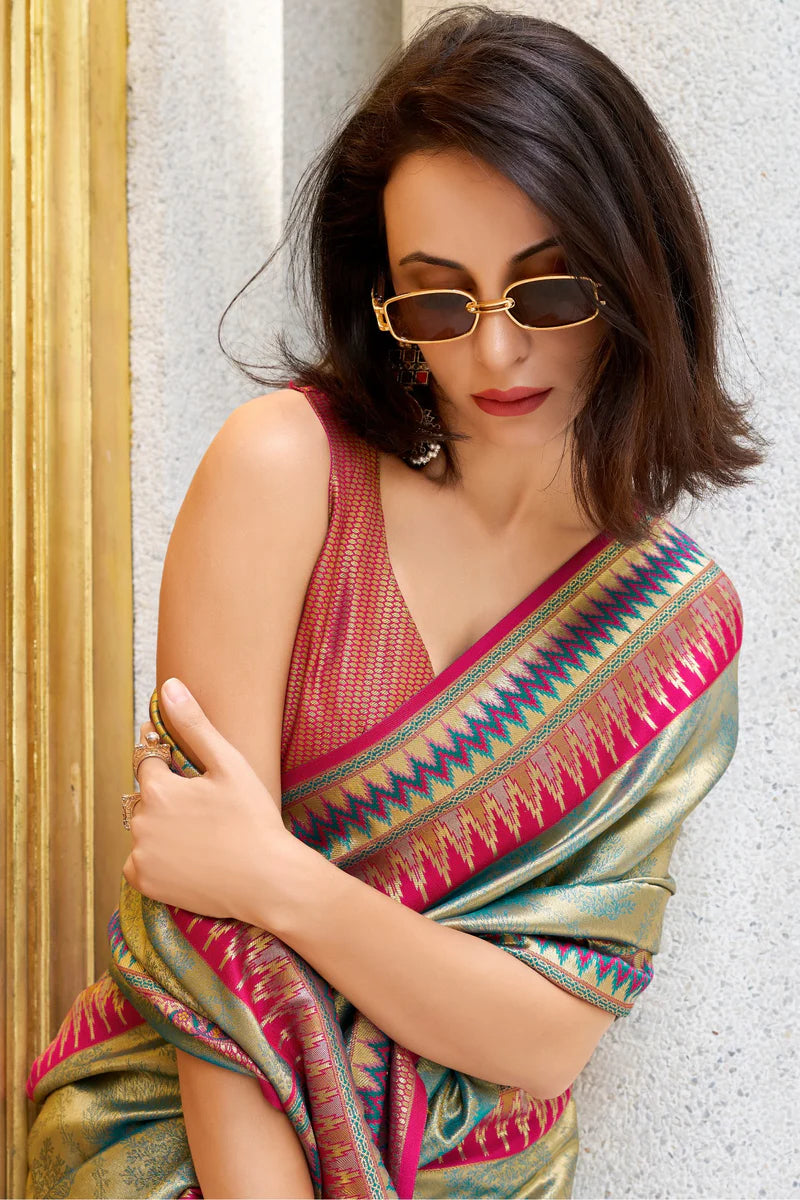 Green color tissue silk saree online shopping