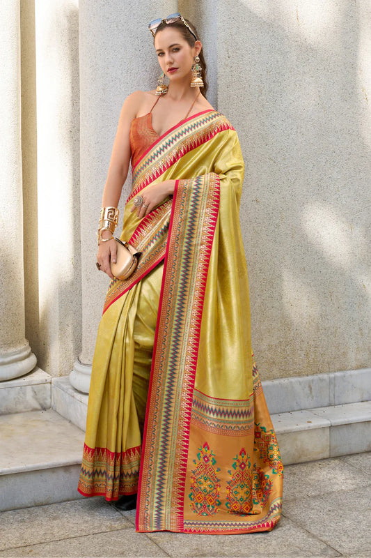Mustard color tissue silk zari weaving saree with blouse price