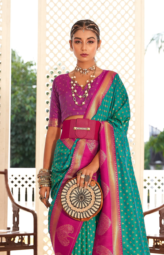 Wedding wear rama color saree with blouse online