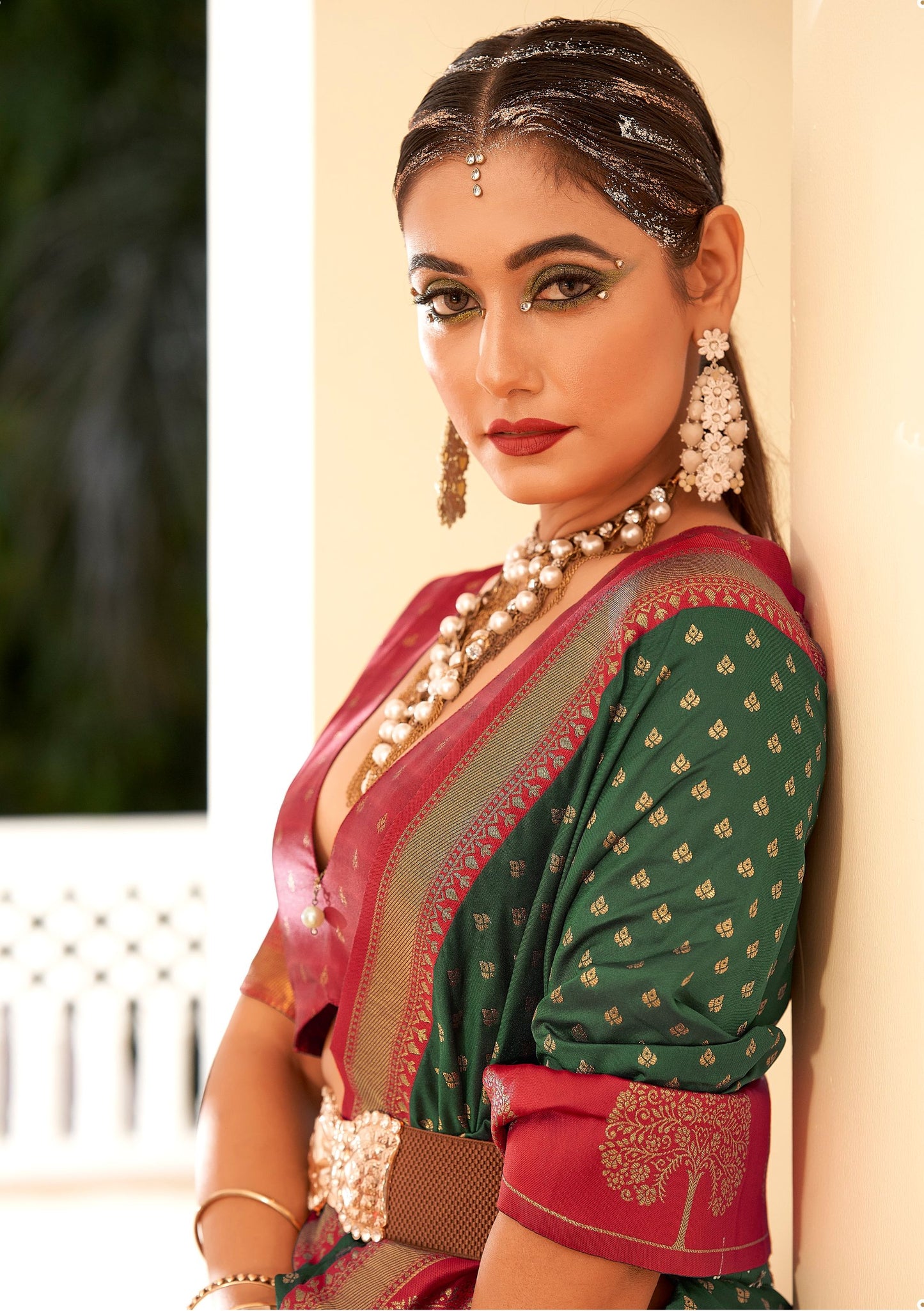 Party wear mehendi color saree with blouse images
