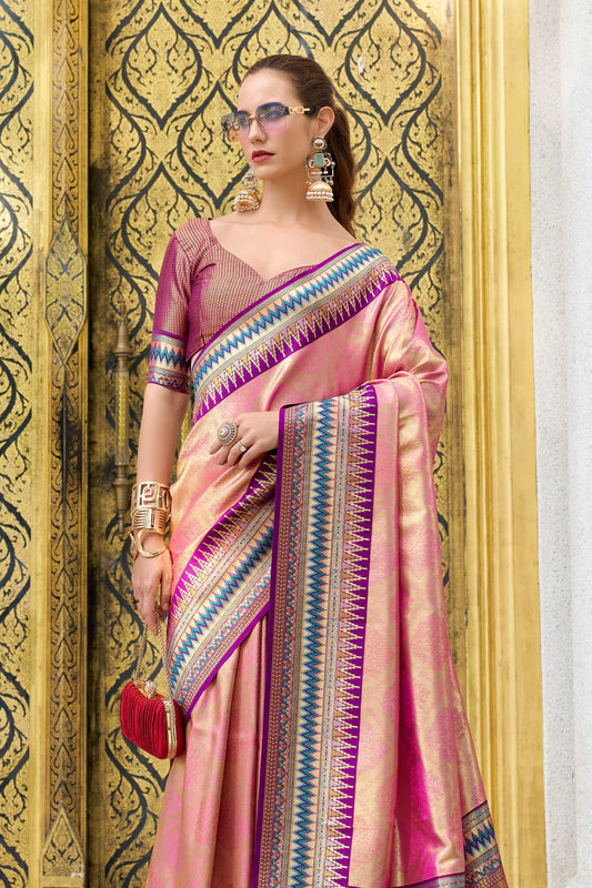 Pink Color tissue silk zari weaving saree for wedding