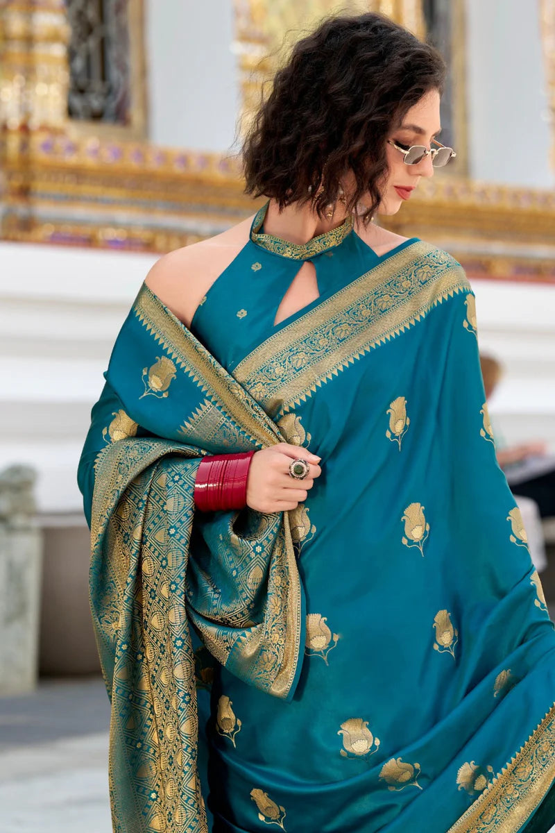 Rama color satin silk saree for wedding