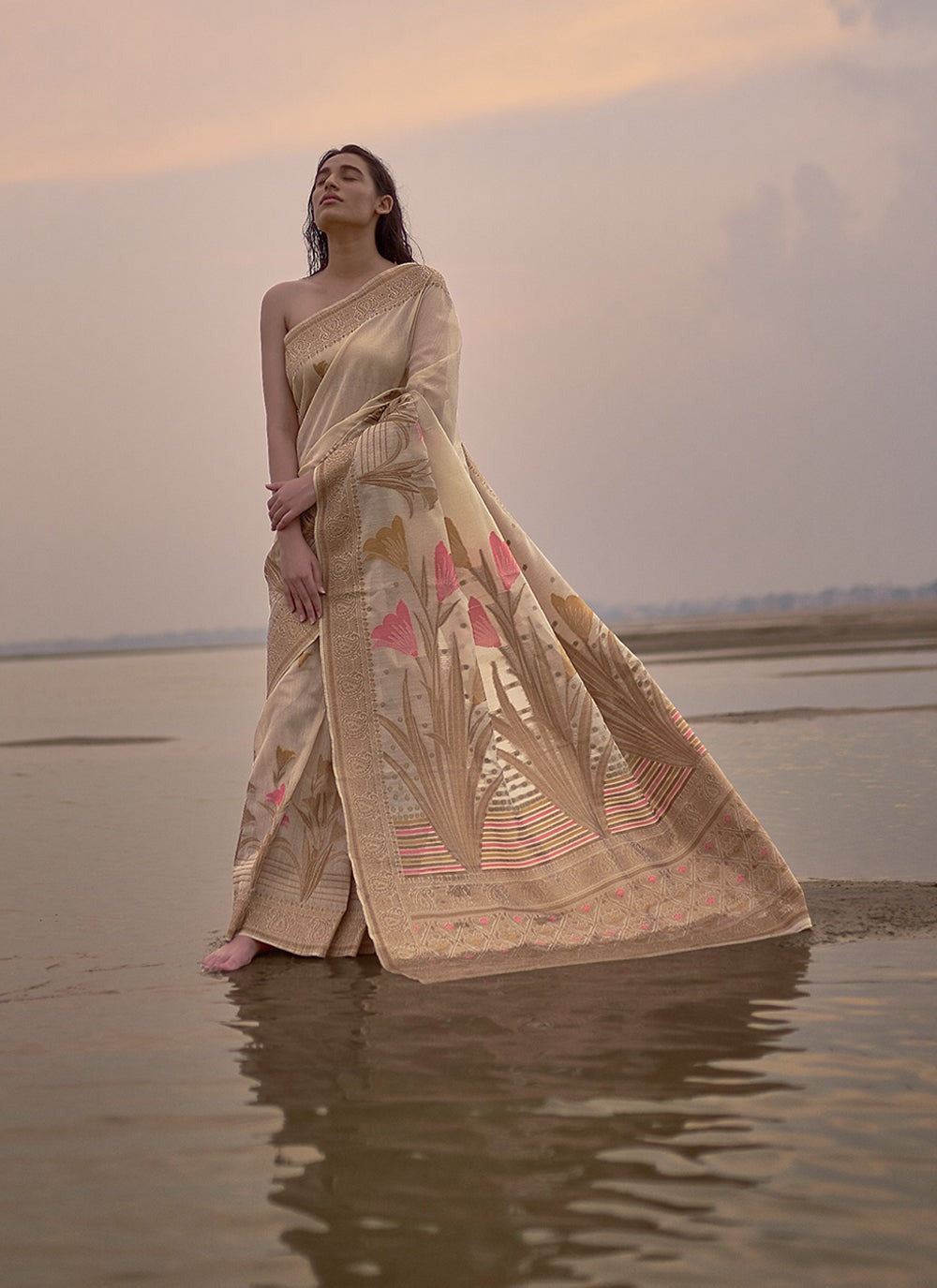 Beige color linen silk saree for women