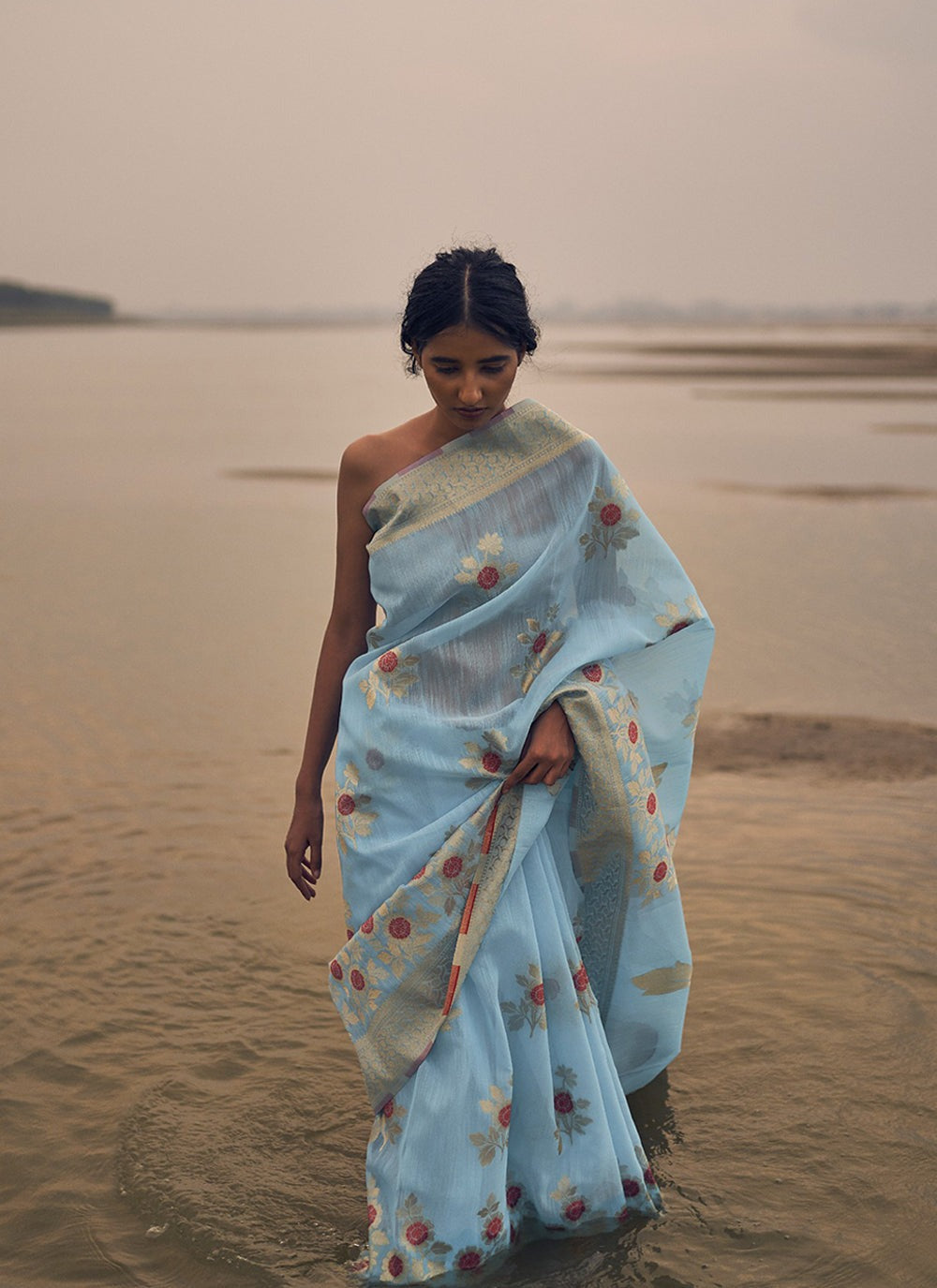 Sky linen silk saree for women online shopping