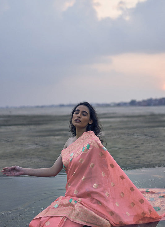 Peach linen silk saree for women with price