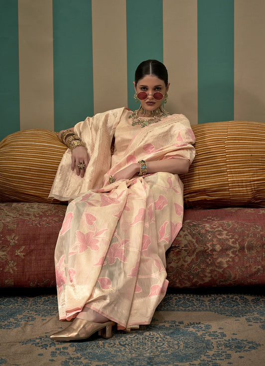 Pure beige linen saree for women