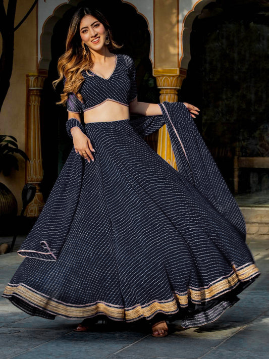 Black georgette leheriya printed lehenga choli with dupatta