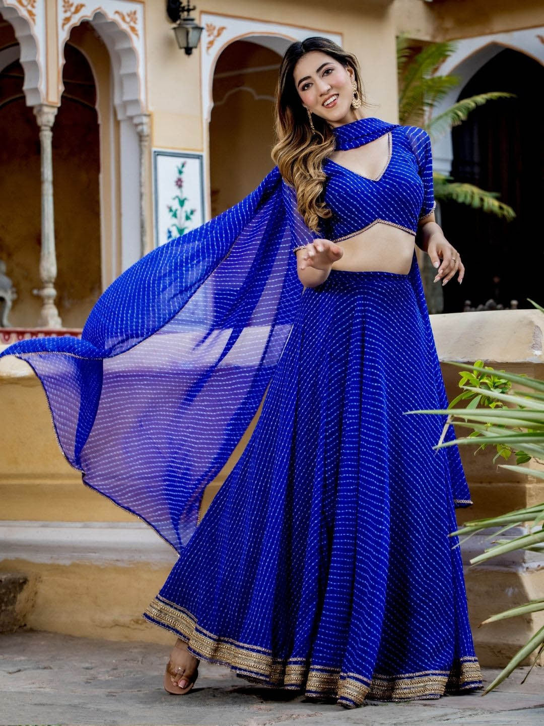 Blue georgette leheriya printed lehenga choli with dupatta