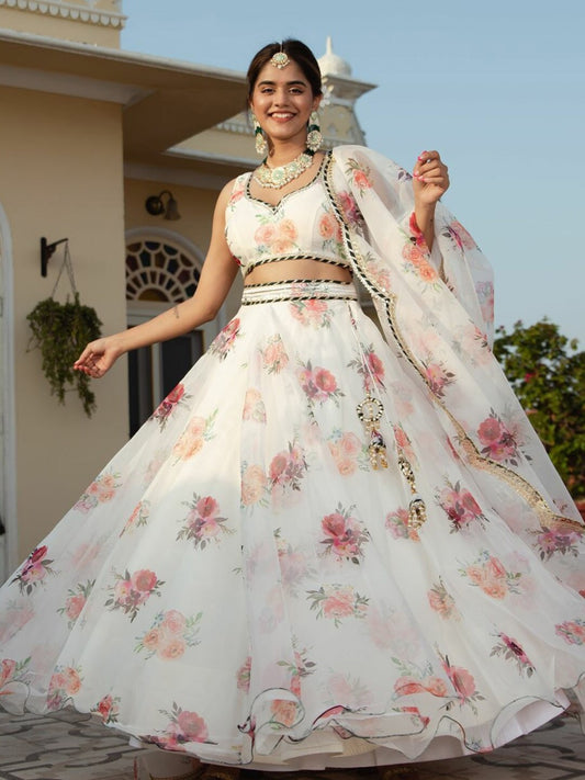 White floral printed lehenga choli with dupatta