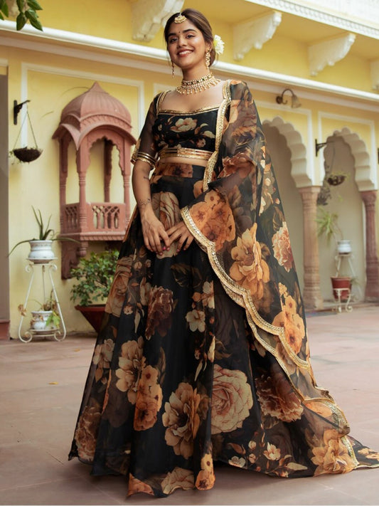 Black printed lehenga choli with dupatta