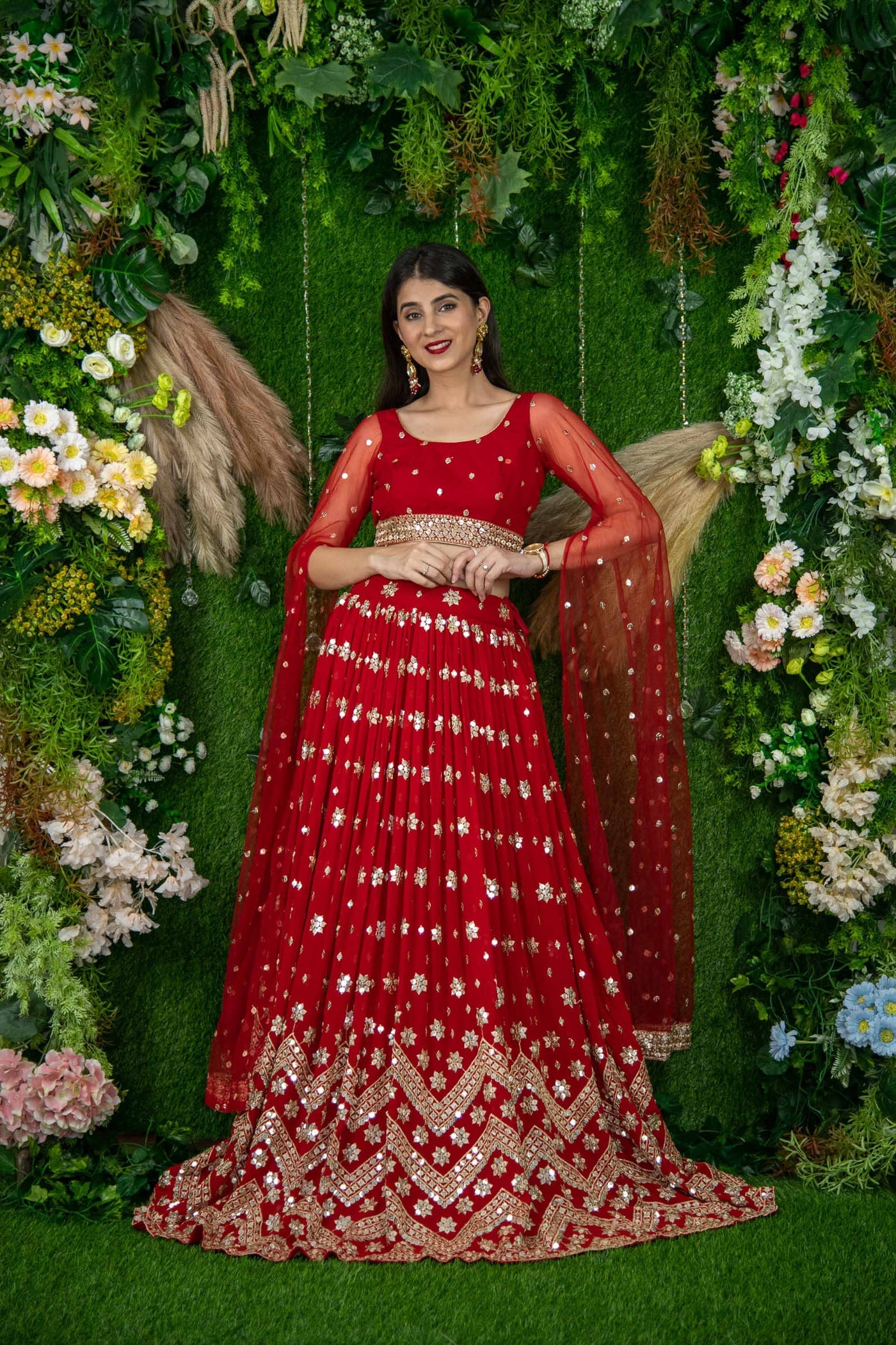 Red color georgette lehenga choli with dupatta design