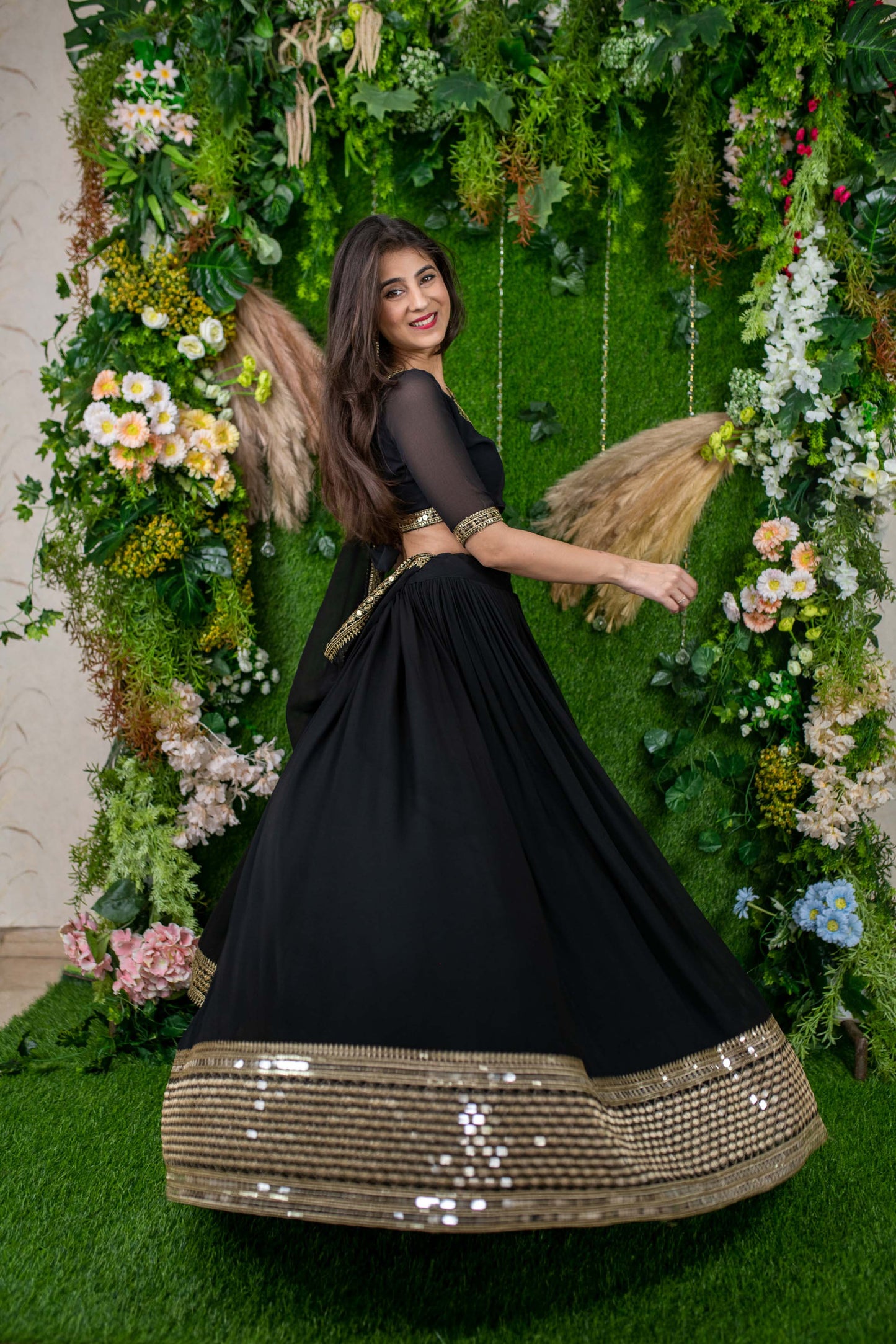 Black color georgette lehenga choli with dupatta images