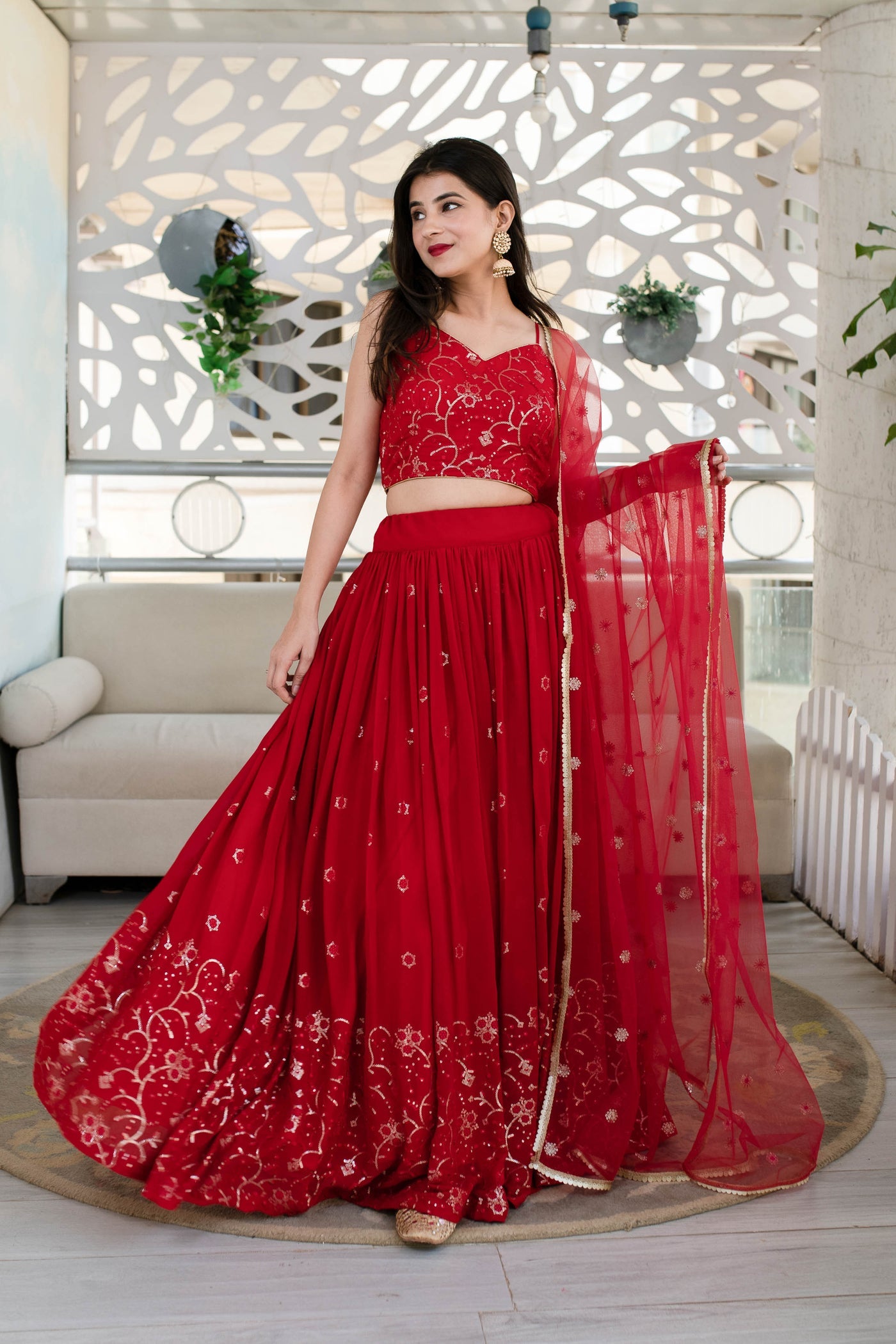 Modern Red Color Georgette Ethnic Lehenga Choli For Women