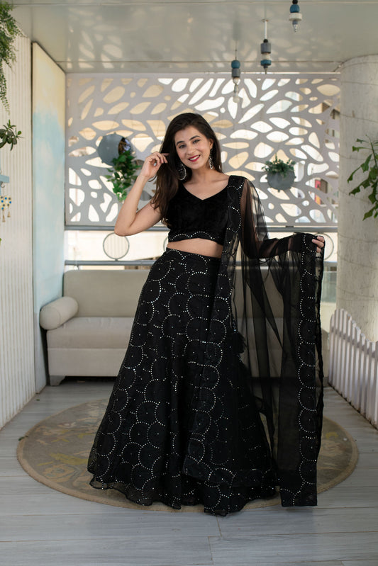 Black color organza net lehenga choli for wedding