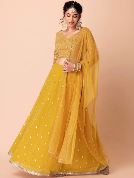 Yellow color georgette lehenga choli for wedding