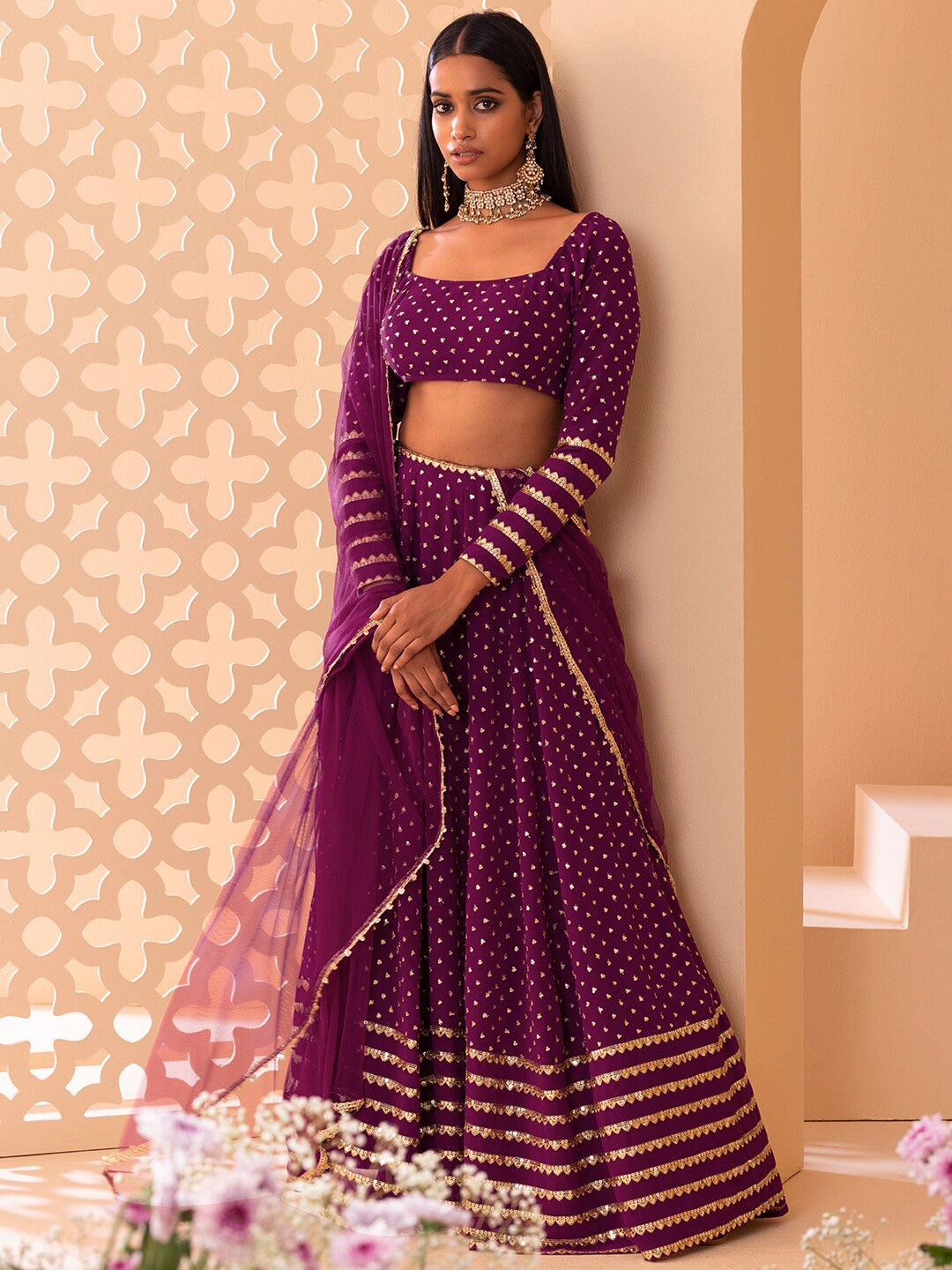 Wine color georgette lehenga choli with dupatta images