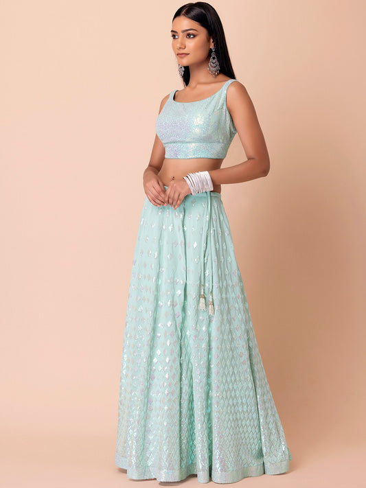 Sky color georgette lehenga choli for wedding