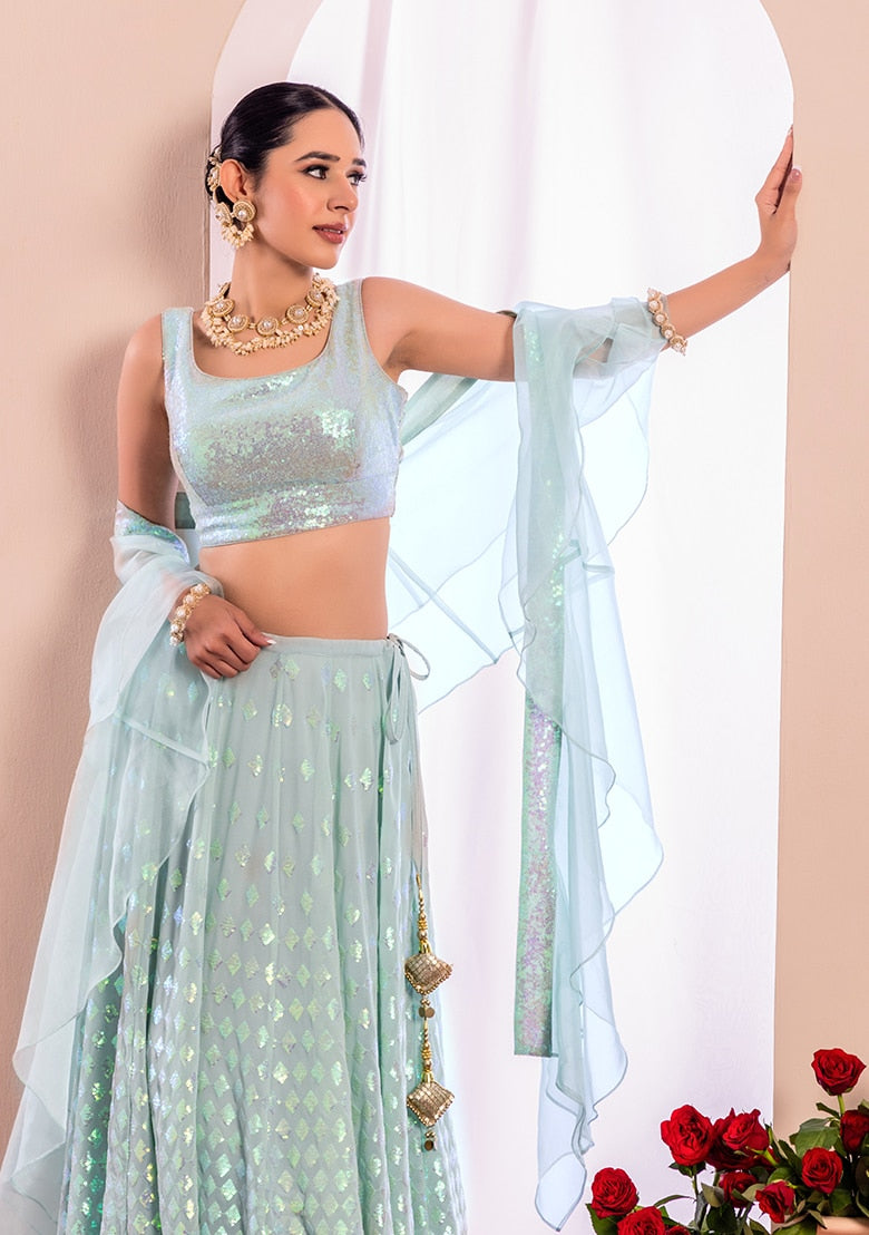Sky color georgette lehenga choli for reception