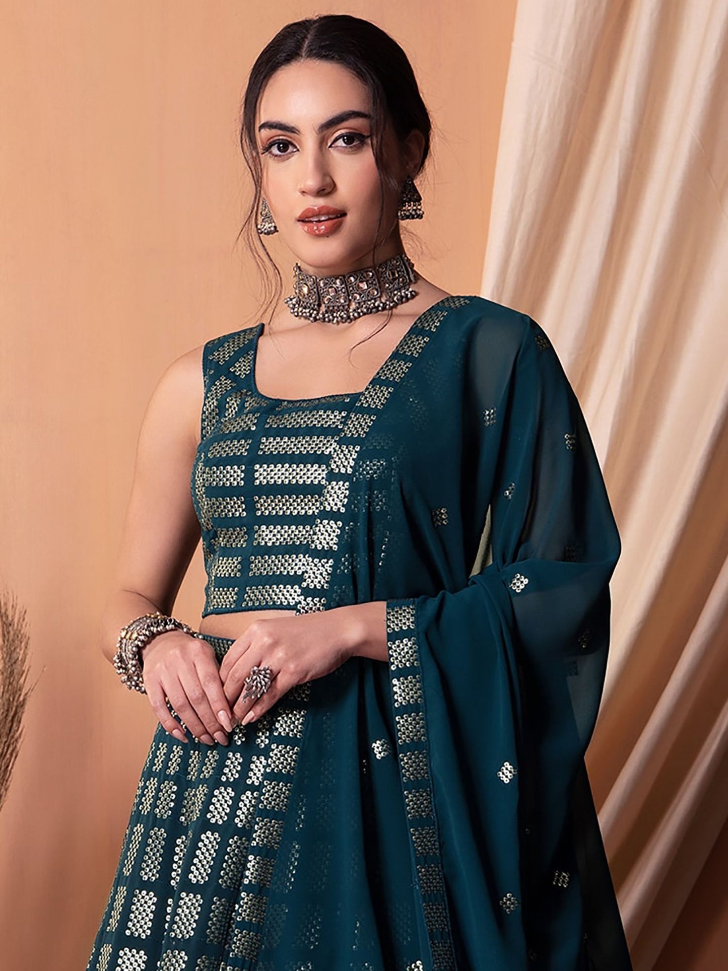 Teal blue georgette lehenga choli price