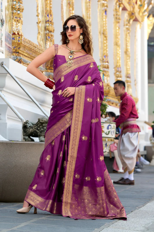 Purple color satin silk saree for women
