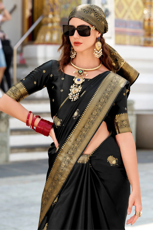 Black color satin silk saree for women online
